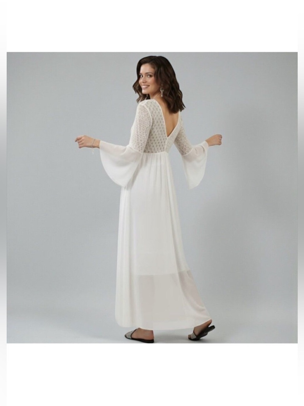 White  V-Neck Bell Sleeve Lace Maxi Dress NWOT